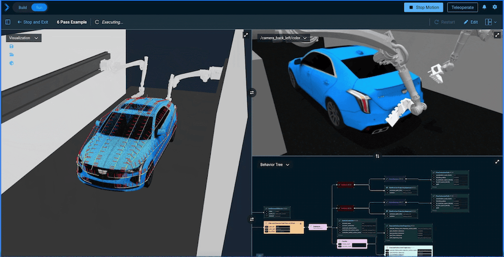 Robotic car wash system cleaning a vehicle