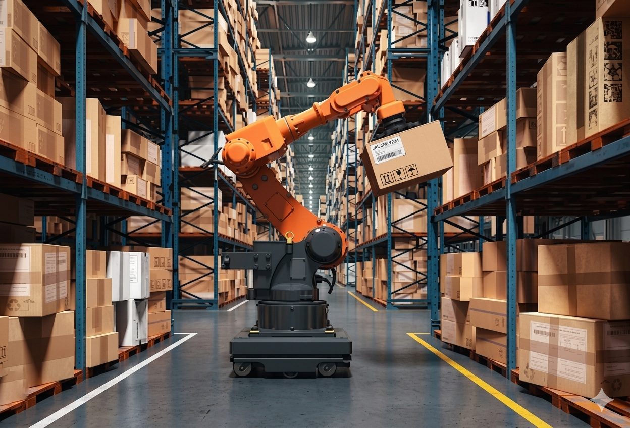 Robotic arm performing automated piece picking in a fulfillment center