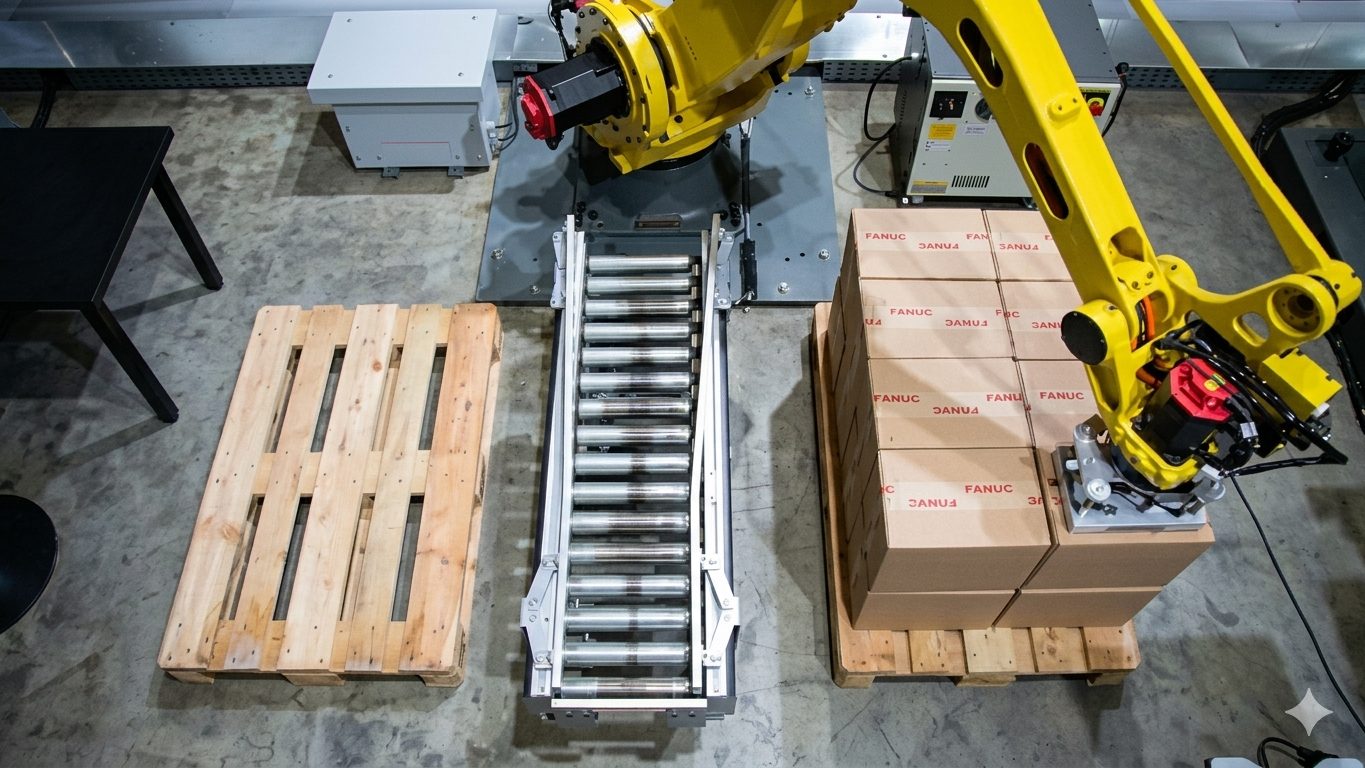 Robotic arm building a mixed-SKU pallet in a warehouse