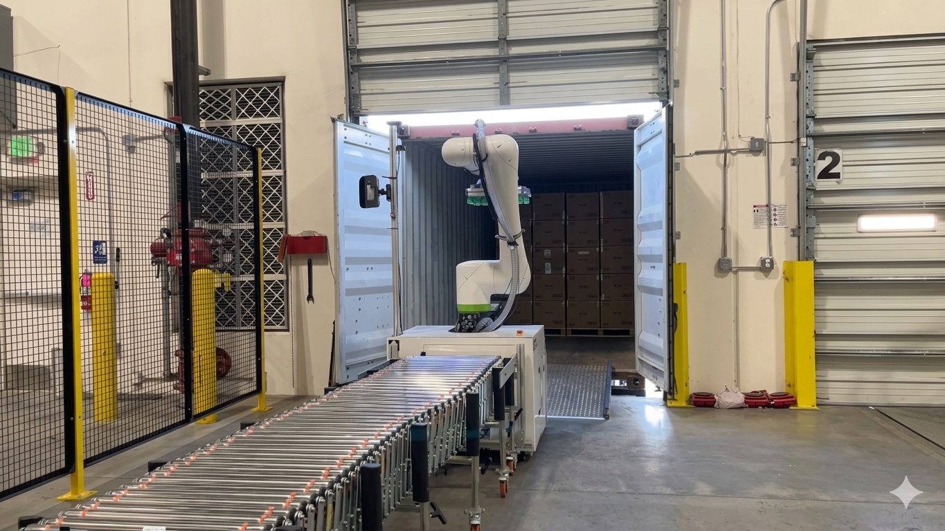 Robotic system loading and unloading a truck trailer